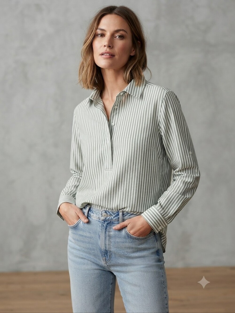 Max Studio Striped Popover Green & White  Hidden Button Blouse Size L Collared